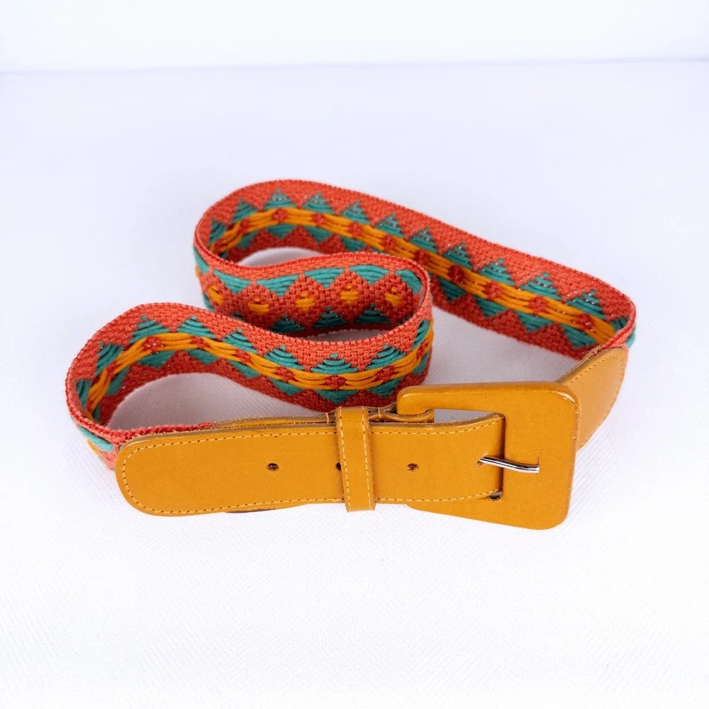 Boho Vintage Coral Turquoise Woven Textile Belt Leather Buckle Geometric 70s